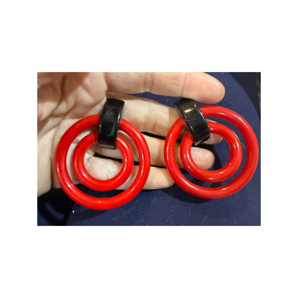 Vintage Red Black Double Hoop Drop Earrings Retro 80s Geometric Statement